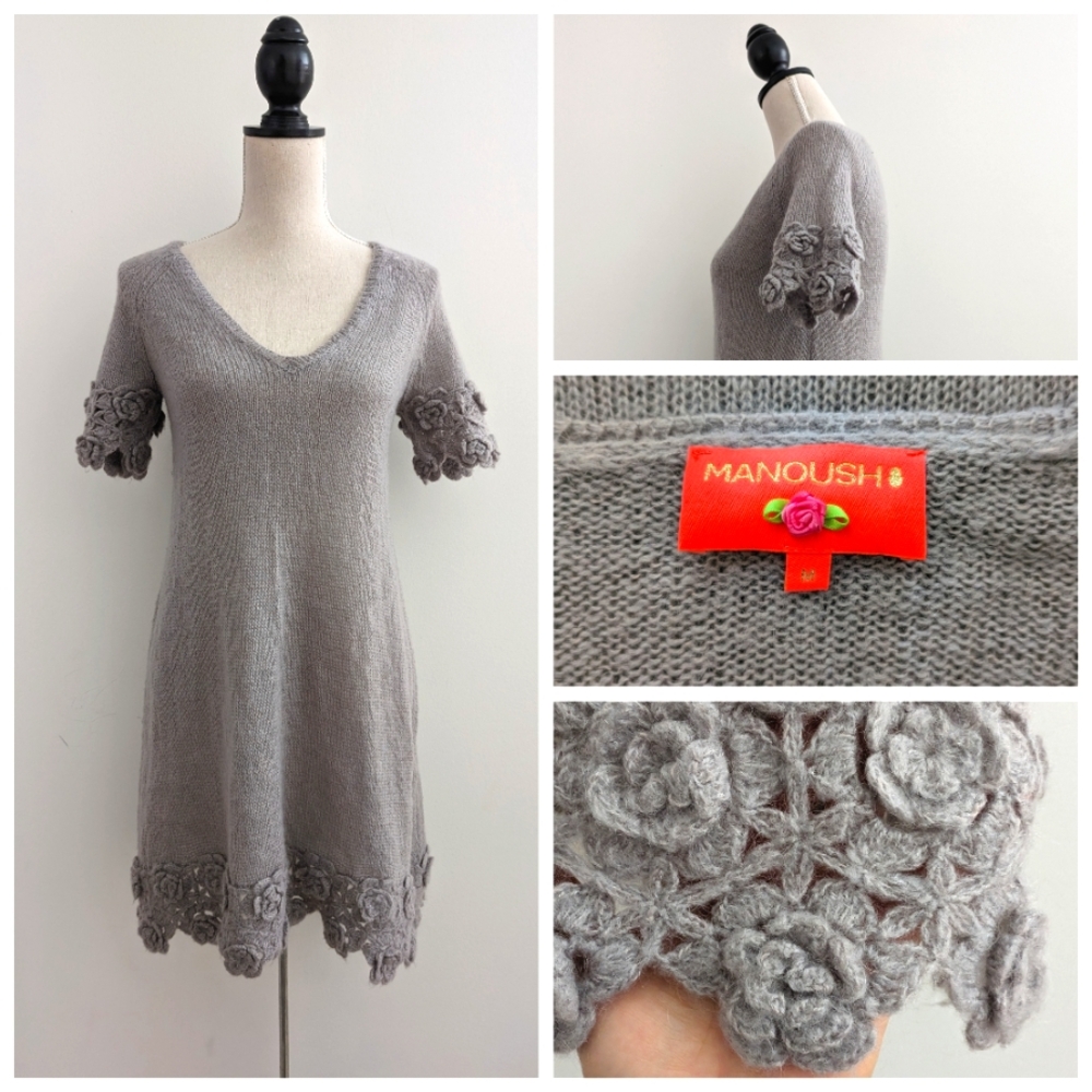 Angora Mohair Manoush crochet floral applique sweater dress Sz M